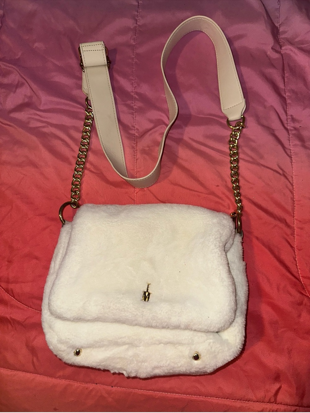 Isaac Mizrahi White Faux Fur Flap Crossbody Bag Gold Chain